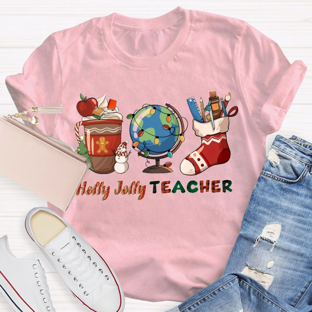 Personalized Name Teacher Globe And Christmas Stockings T-shirt
