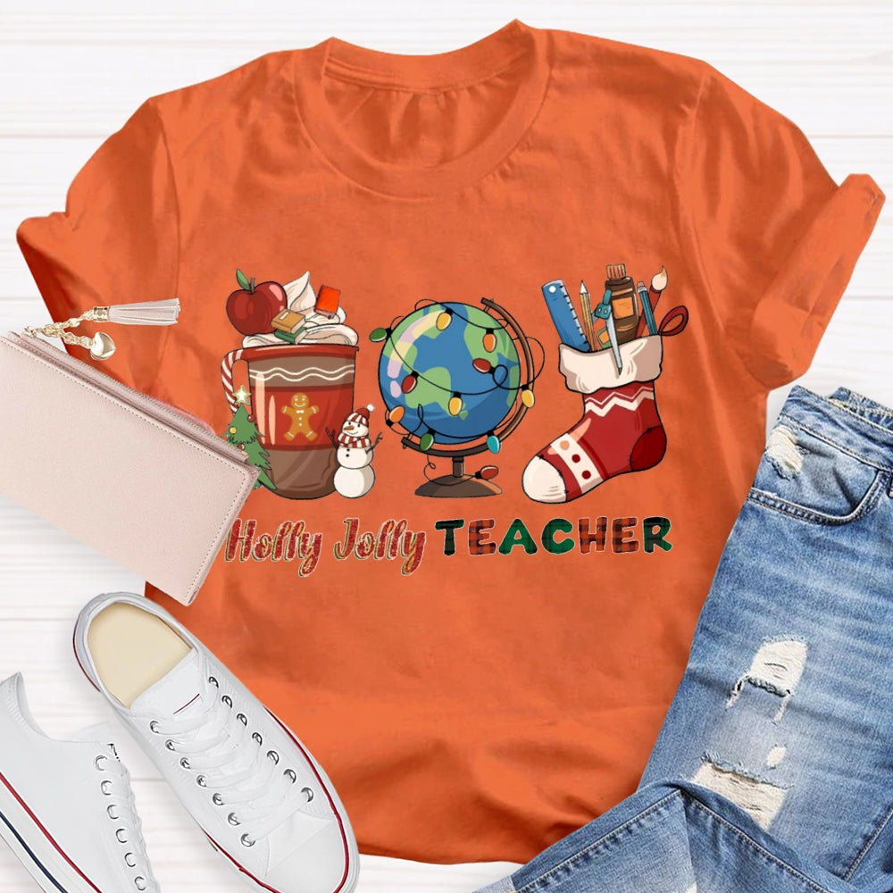 Personalized Name Teacher Globe And Christmas Stockings T-shirt