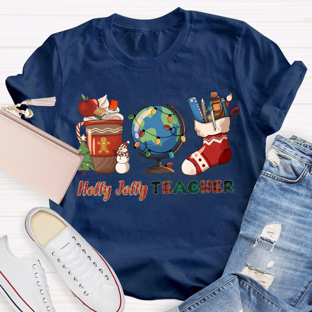 Personalized Name Teacher Globe And Christmas Stockings T-shirt