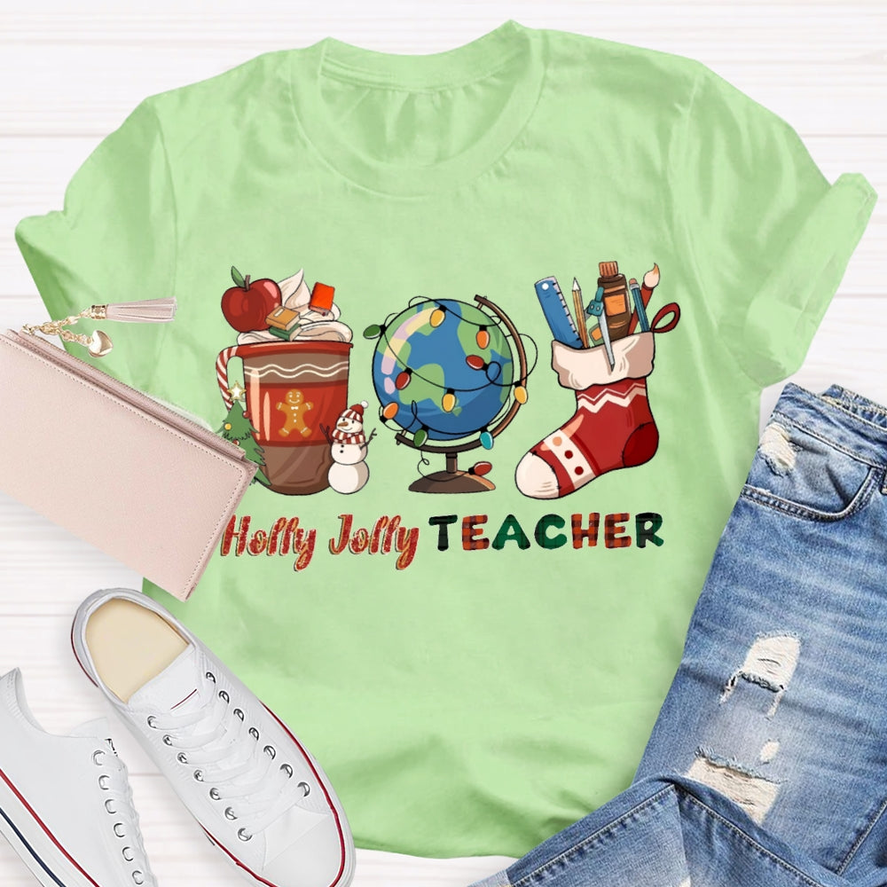 Personalized Name Teacher Globe And Christmas Stockings T-shirt