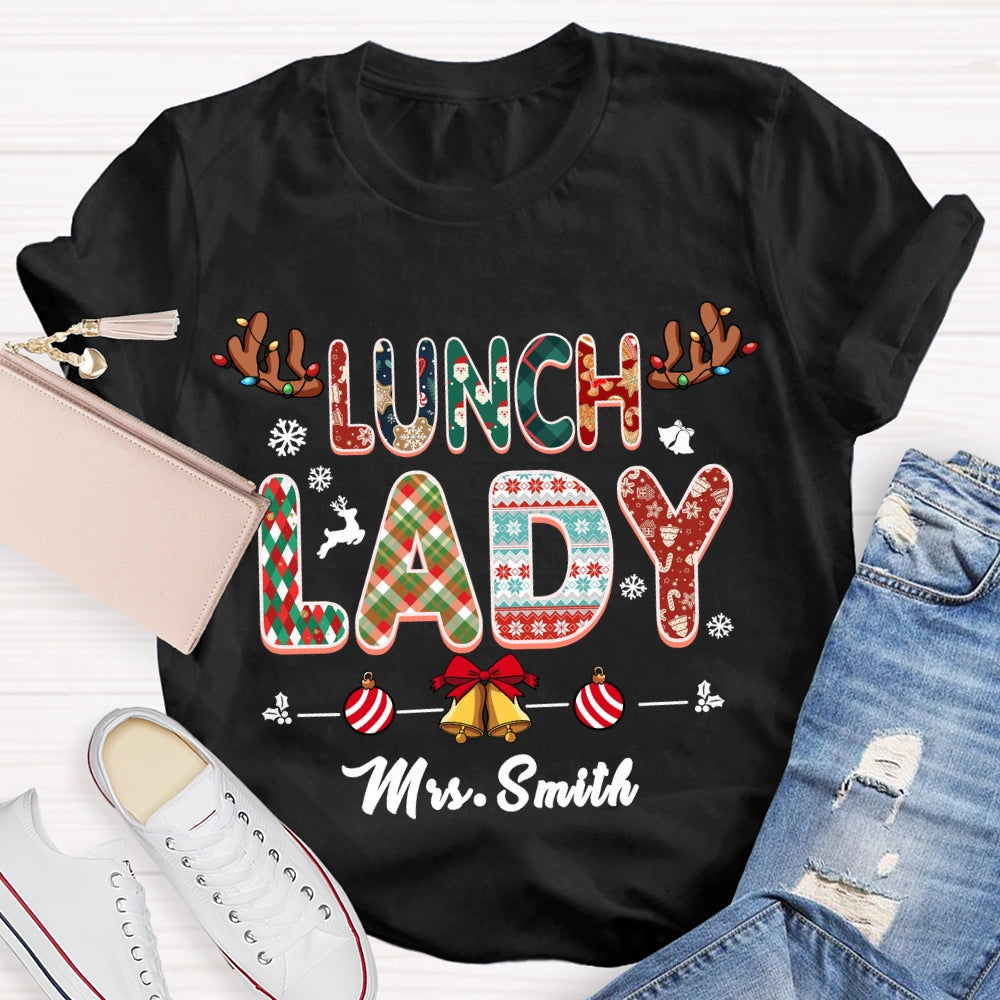 Personalized Name Lunch Lady Snowflake Bells Christmas T-shirt