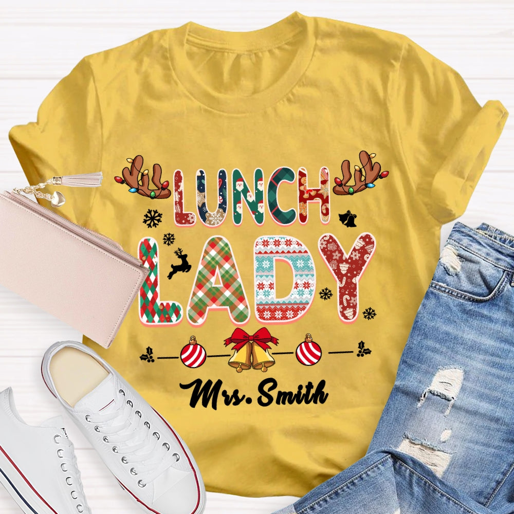 Personalized Name Lunch Lady Snowflake Bells Christmas T-shirt