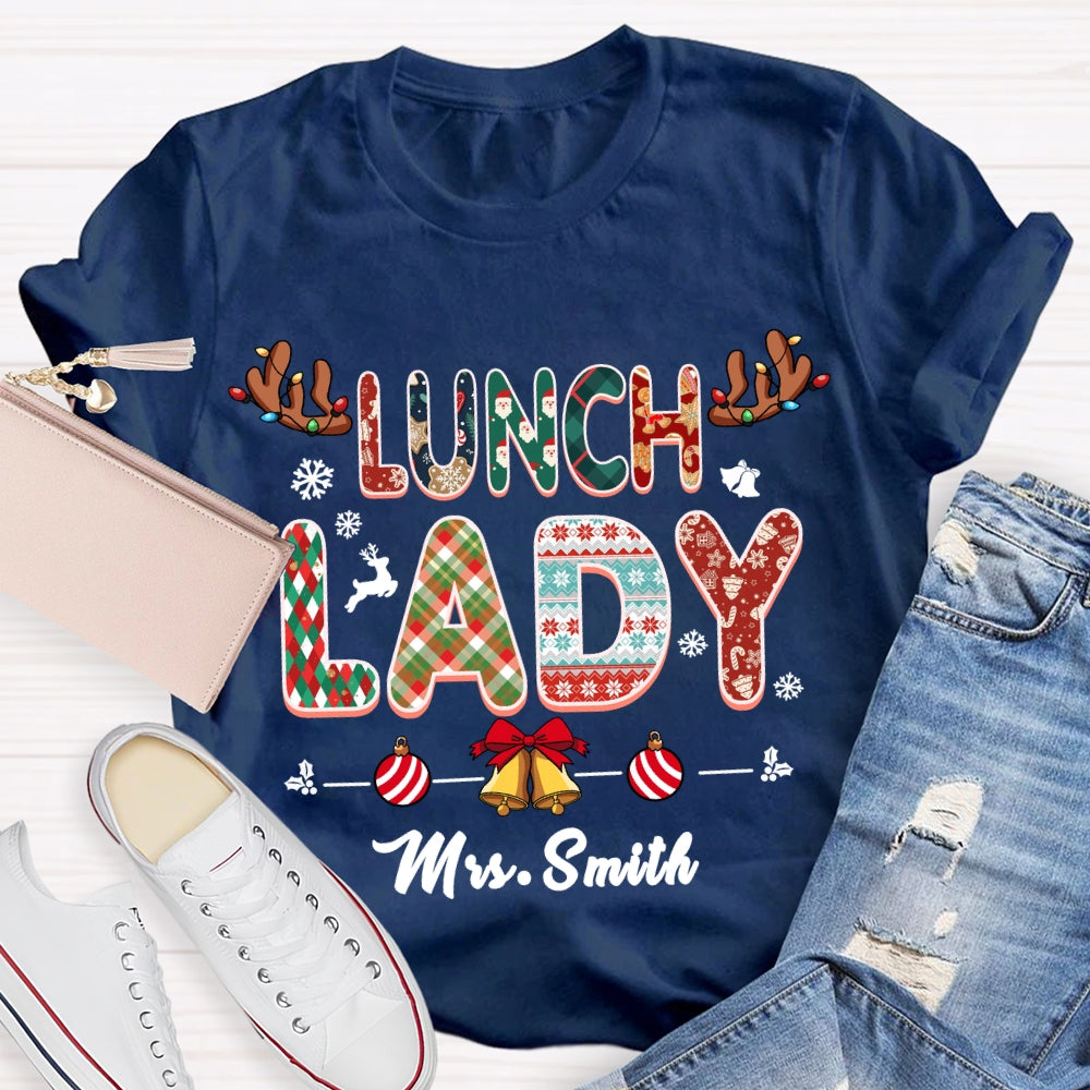 Personalized Name Lunch Lady Snowflake Bells Christmas T-shirt