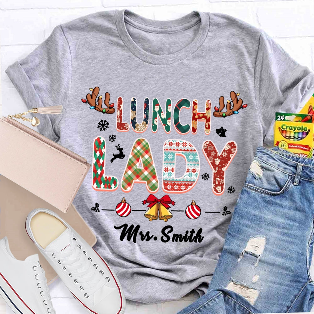 Personalized Name Lunch Lady Snowflake Bells Christmas T-shirt