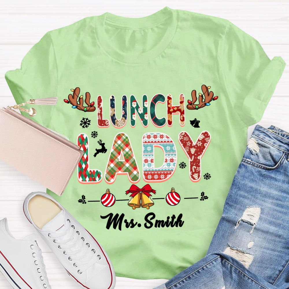 Personalized Name Lunch Lady Snowflake Bells Christmas T-shirt