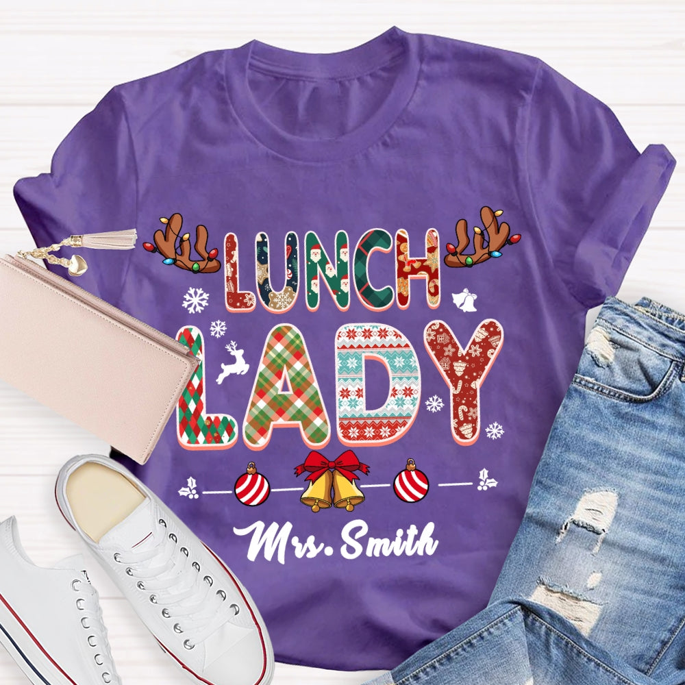 Personalized Name Lunch Lady Snowflake Bells Christmas T-shirt