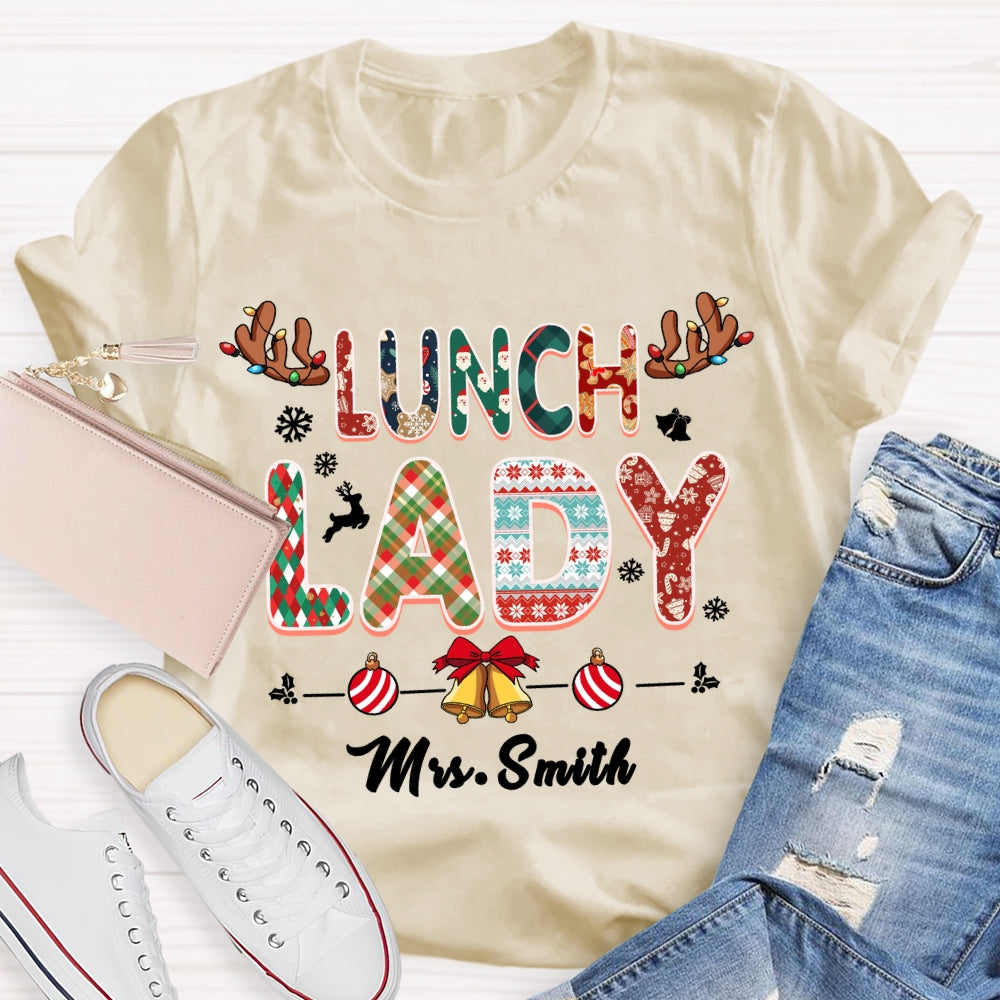 Personalized Name Lunch Lady Snowflake Bells Christmas T-shirt