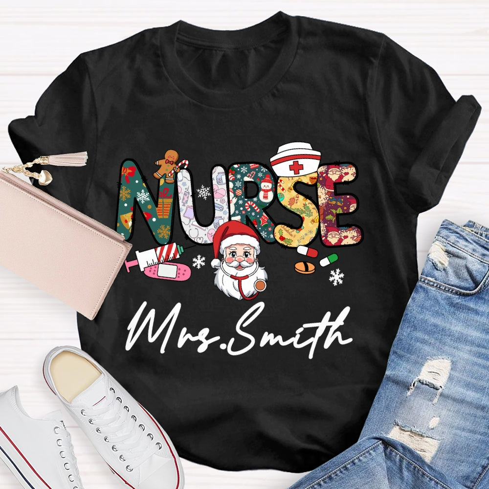 Personalized Name Nurse Santa Claus Christmas Vibes T-shirt