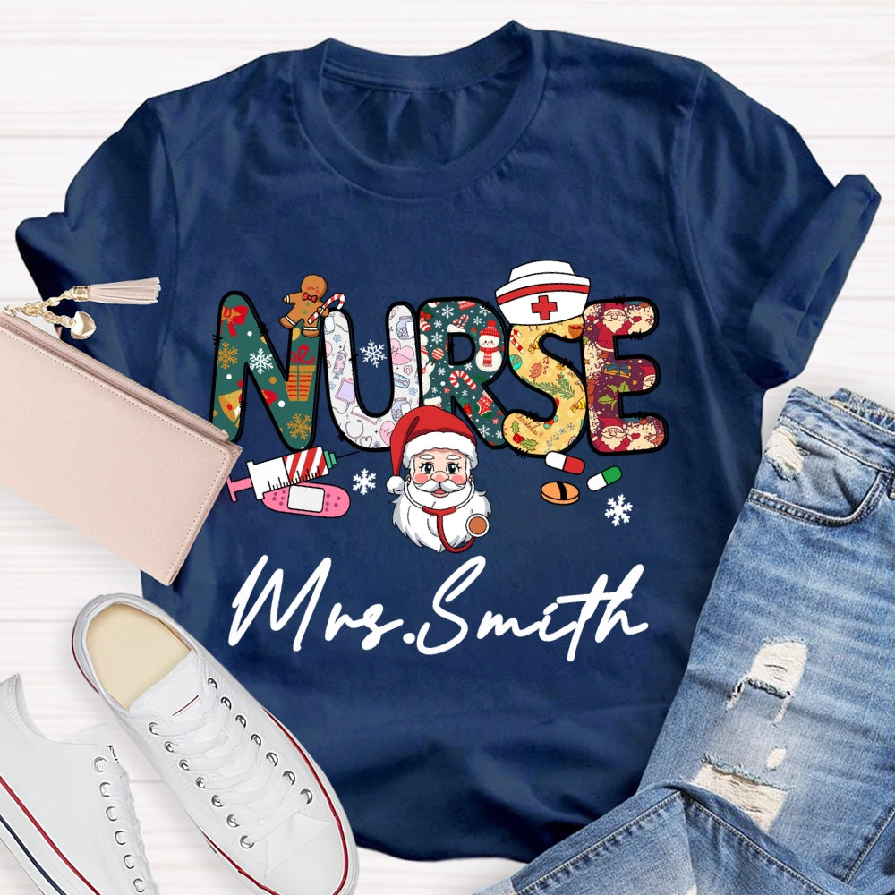 Personalized Name Nurse Santa Claus Christmas Vibes T-shirt