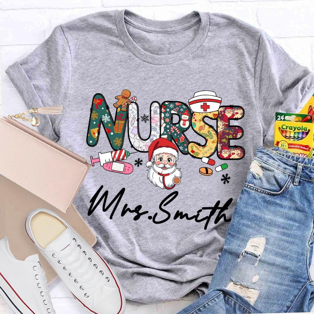 Personalized Name Nurse Santa Claus Christmas Vibes T-shirt