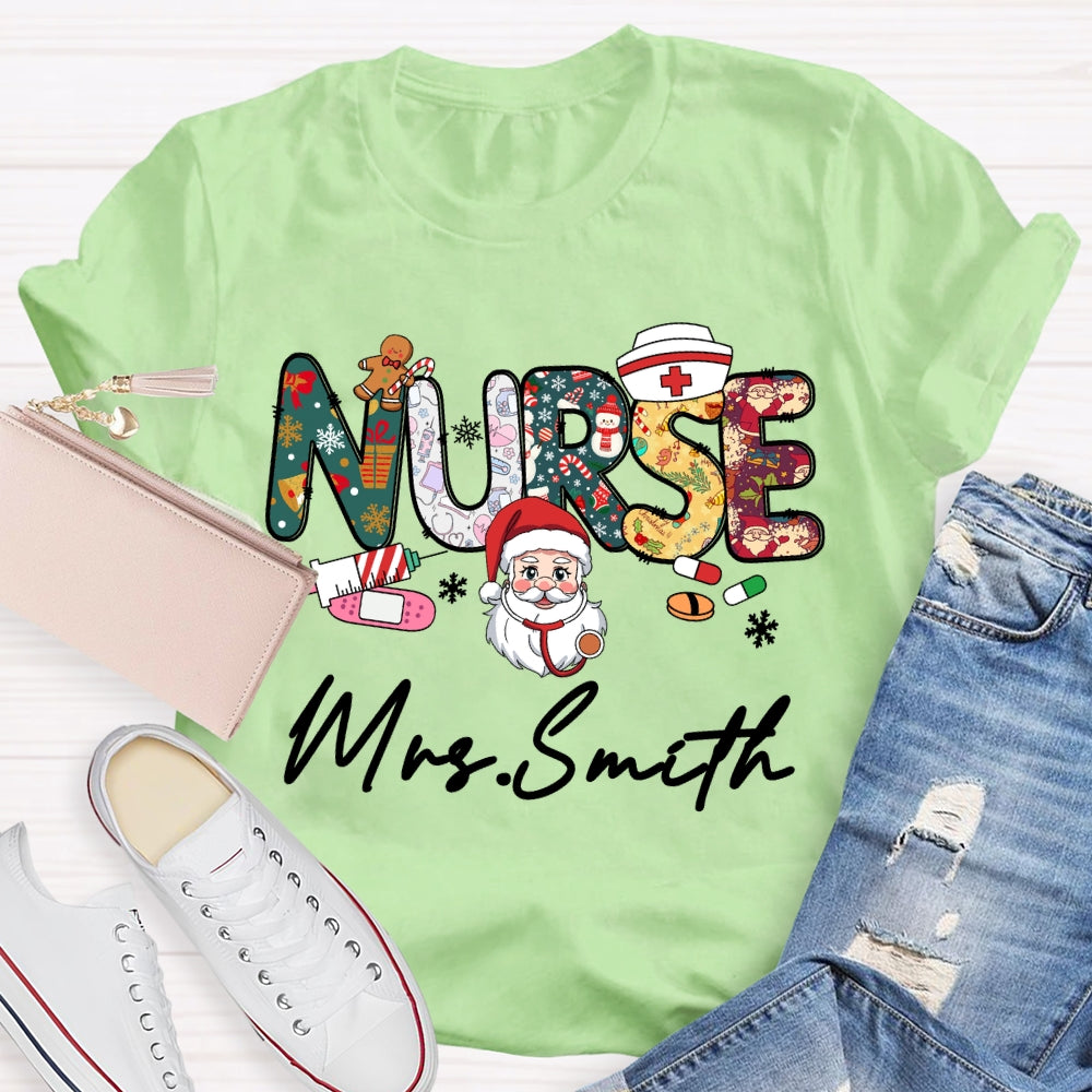 Personalized Name Nurse Santa Claus Christmas Vibes T-shirt