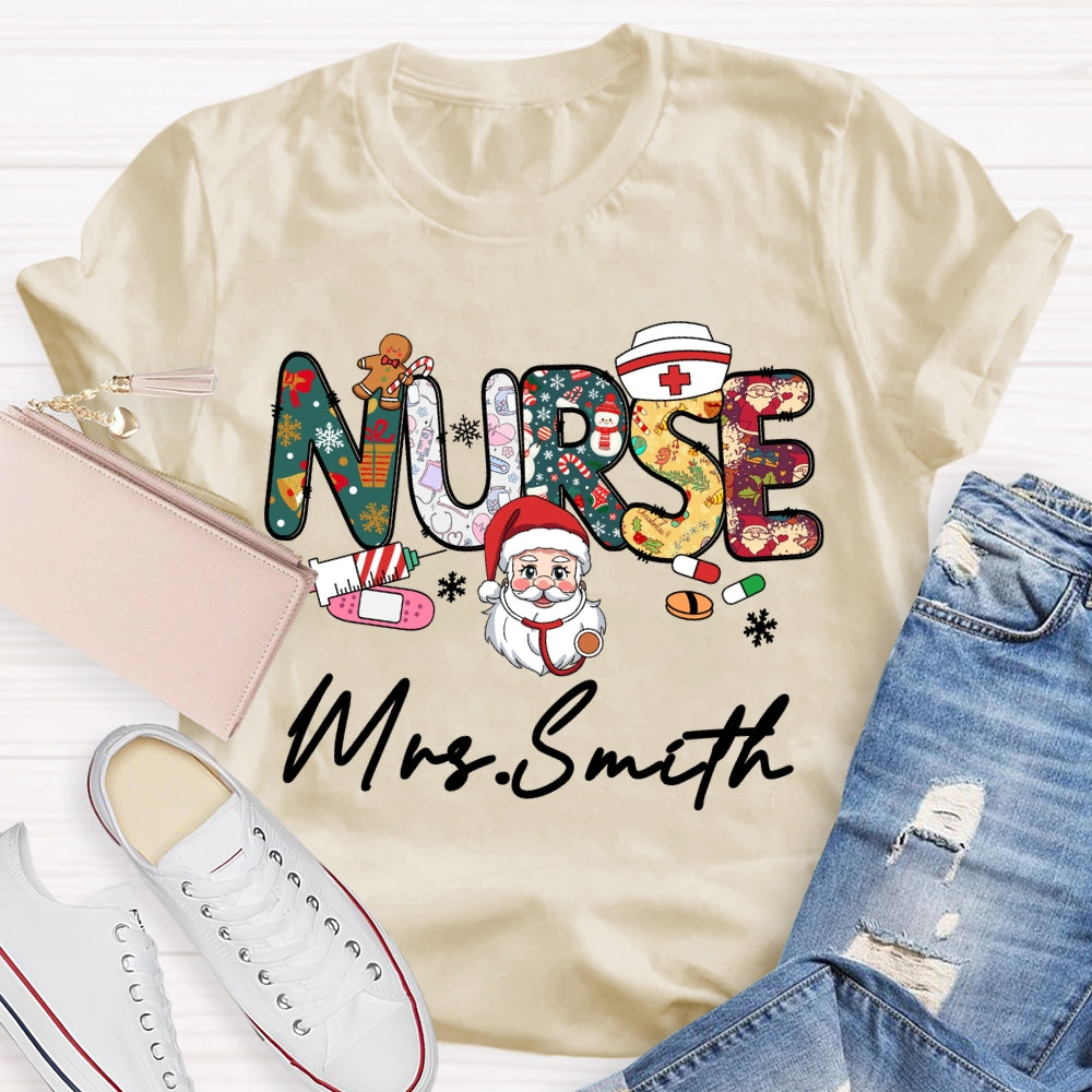 Personalized Name Nurse Santa Claus Christmas Vibes T-shirt