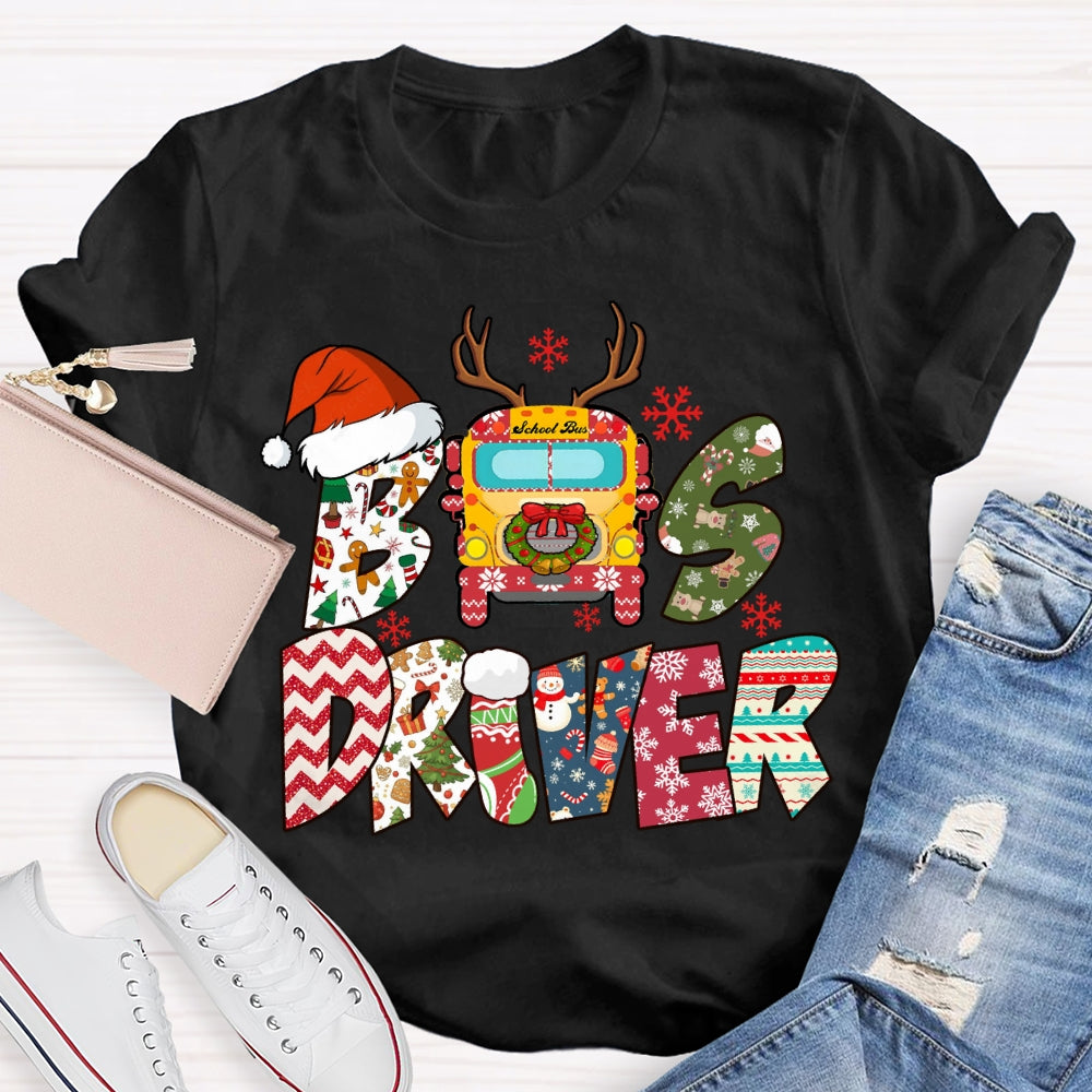 Bus Driver Santa Hat And Snowflakes Christmas T-shirt