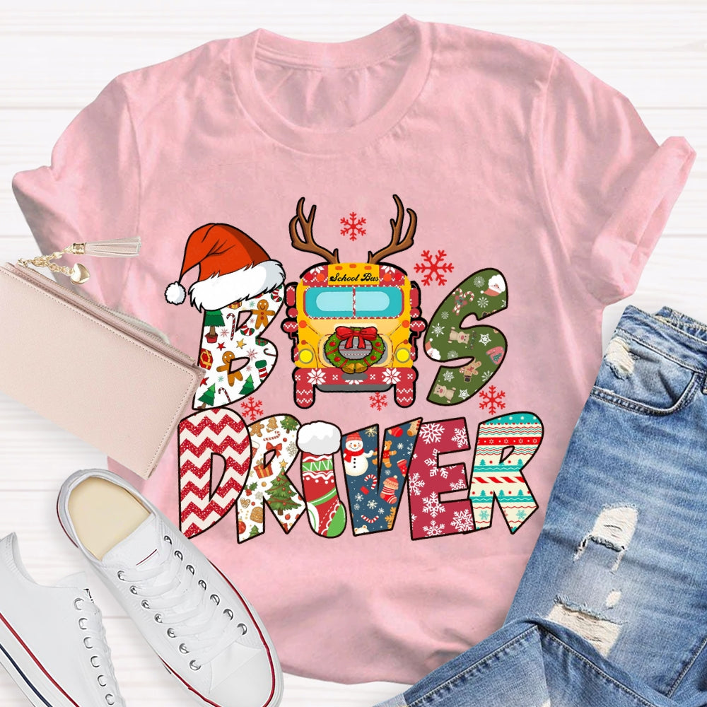 Bus Driver Santa Hat And Snowflakes Christmas T-shirt