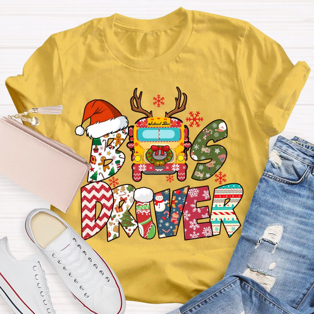 Bus Driver Santa Hat And Snowflakes Christmas T-shirt