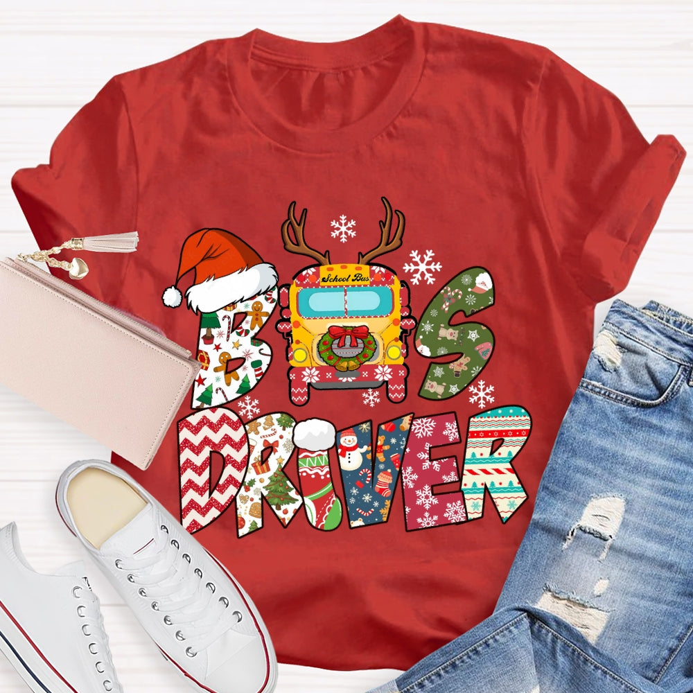 Bus Driver Santa Hat And Snowflakes Christmas T-shirt