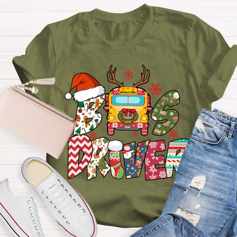 Bus Driver Santa Hat And Snowflakes Christmas T-shirt