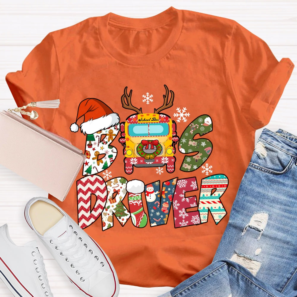 Bus Driver Santa Hat And Snowflakes Christmas T-shirt