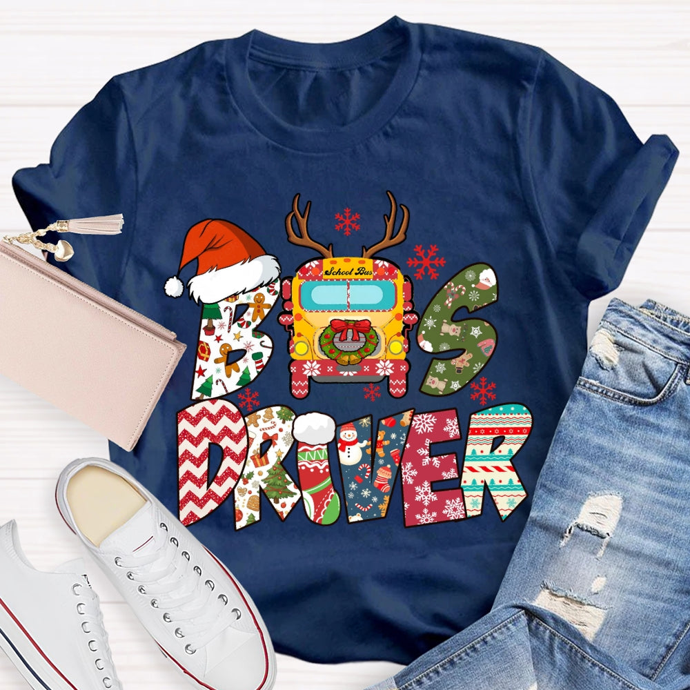 Bus Driver Santa Hat And Snowflakes Christmas T-shirt