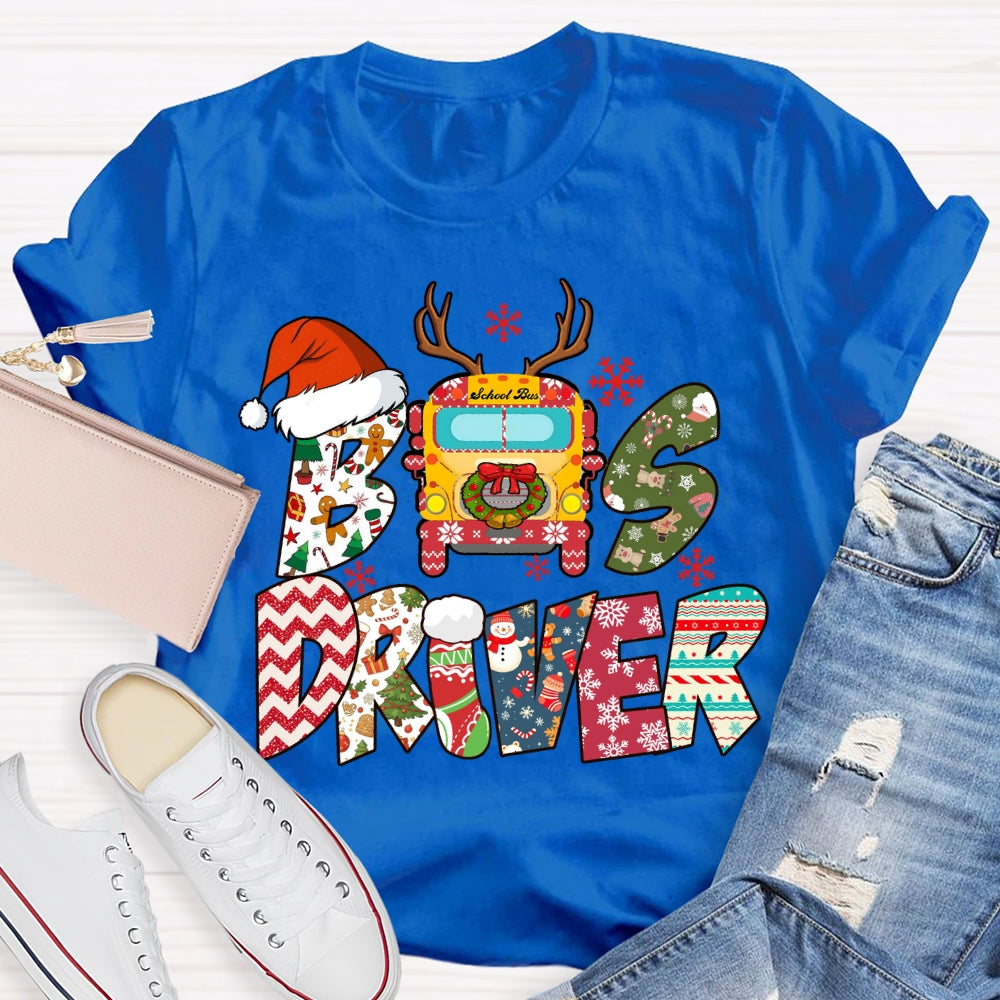 Bus Driver Santa Hat And Snowflakes Christmas T-shirt