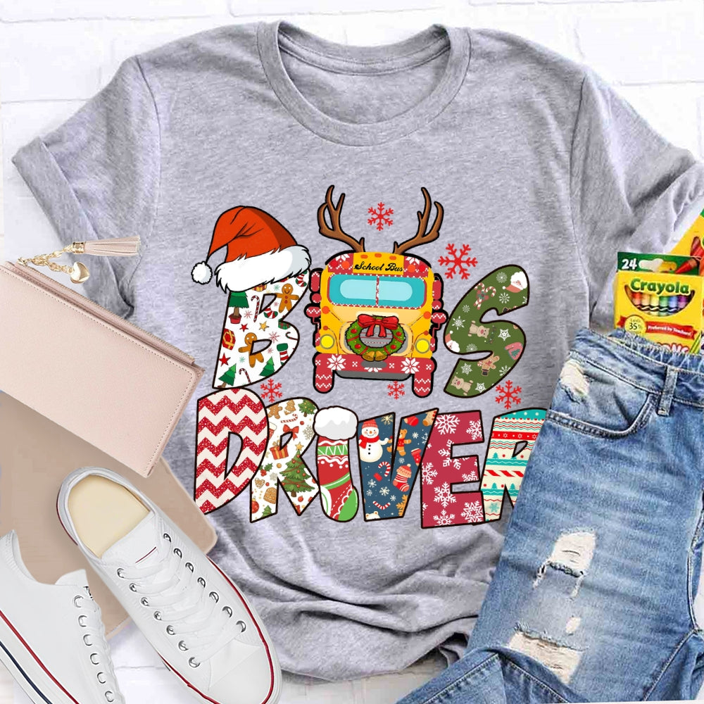Bus Driver Santa Hat And Snowflakes Christmas T-shirt