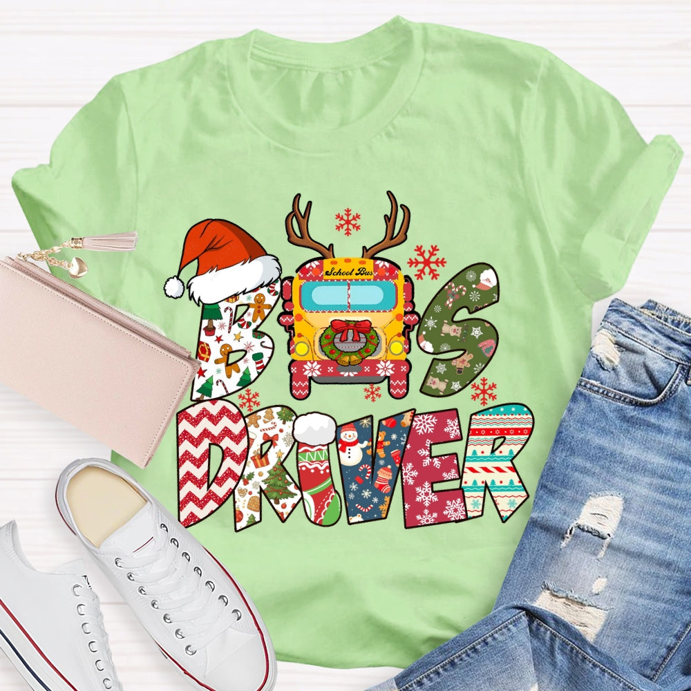 Bus Driver Santa Hat And Snowflakes Christmas T-shirt