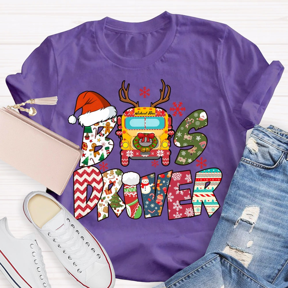 Bus Driver Santa Hat And Snowflakes Christmas T-shirt