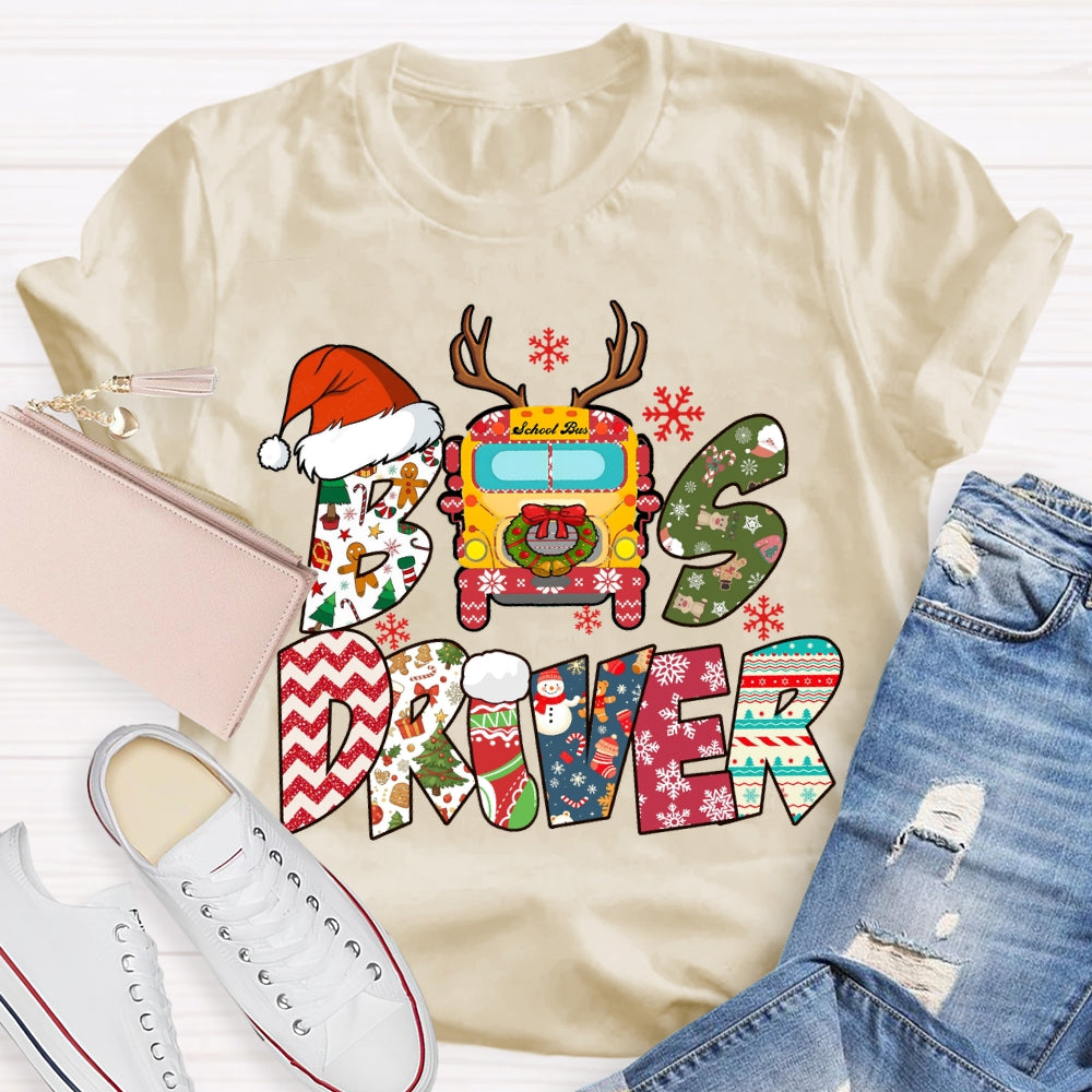 Bus Driver Santa Hat And Snowflakes Christmas T-shirt