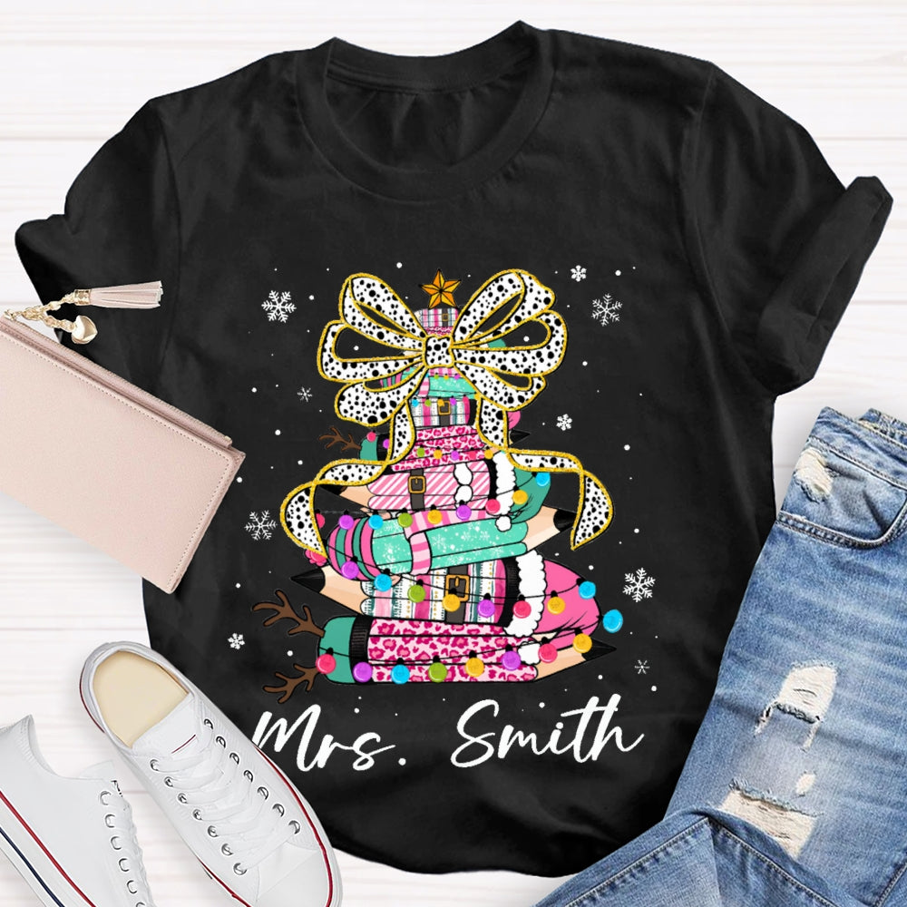 Personalized Name Bow And Colored Pencils Snowflake Christmas T-shirt