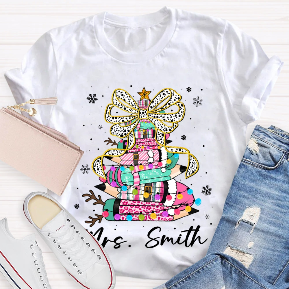 Personalized Name Bow And Colored Pencils Snowflake Christmas T-shirt