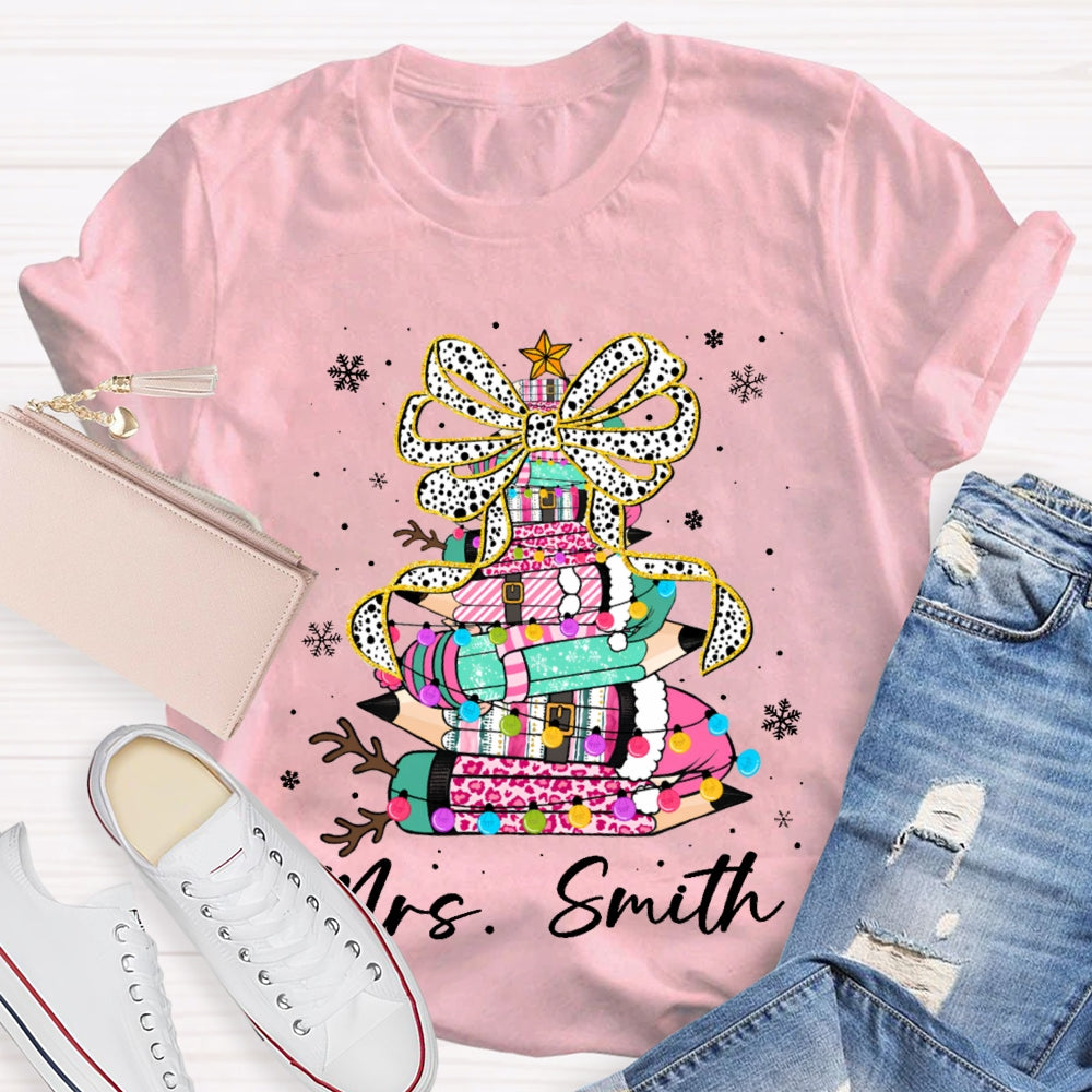 Personalized Name Bow And Colored Pencils Snowflake Christmas T-shirt