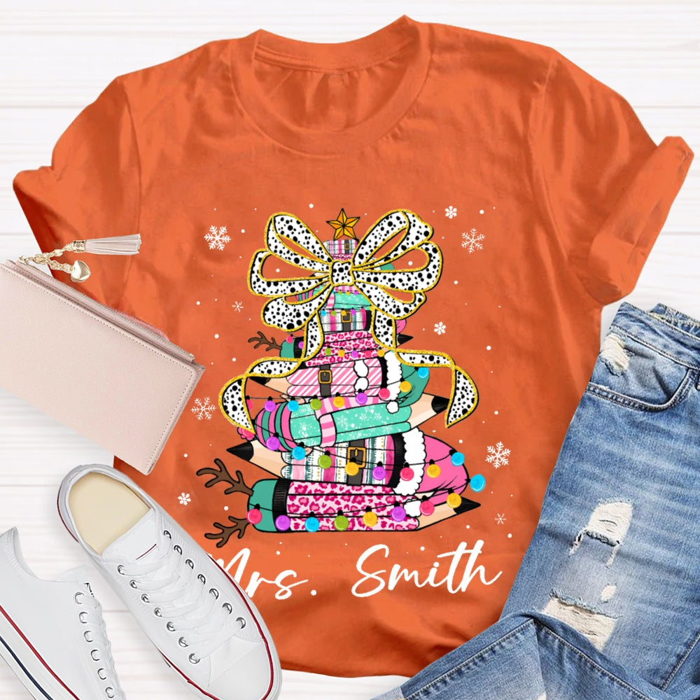 Personalized Name Bow And Colored Pencils Snowflake Christmas T-shirt