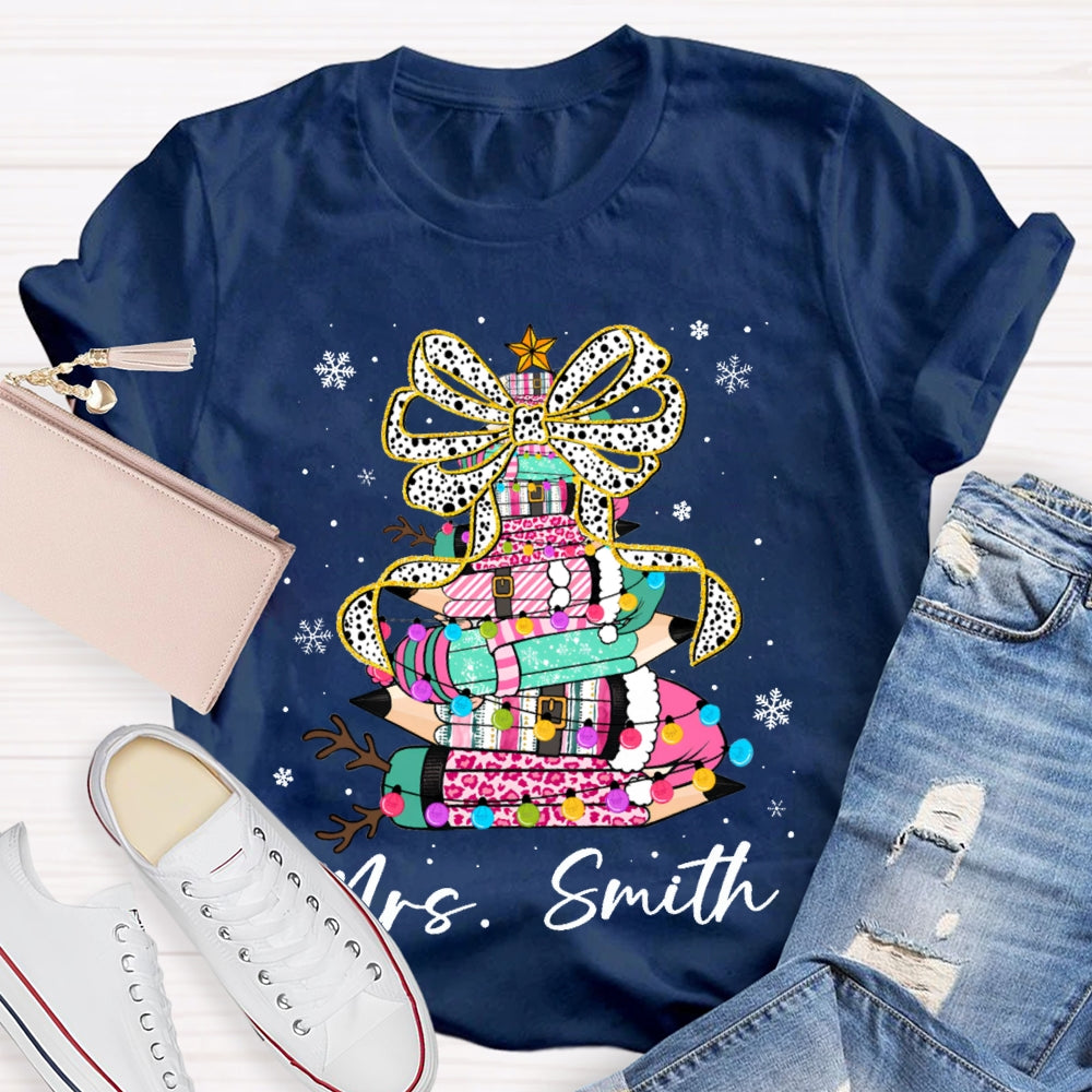 Personalized Name Bow And Colored Pencils Snowflake Christmas T-shirt