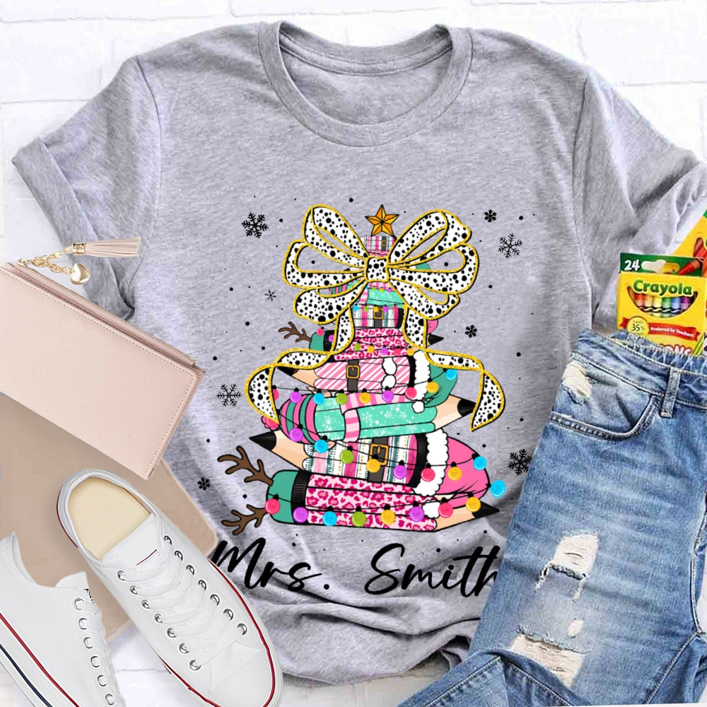 Personalized Name Bow And Colored Pencils Snowflake Christmas T-shirt