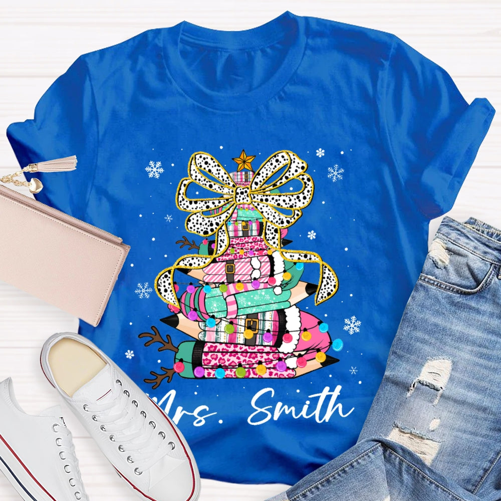 Personalized Name Bow And Colored Pencils Snowflake Christmas T-shirt