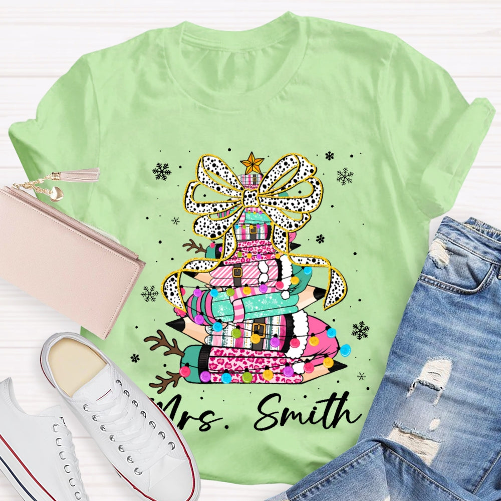 Personalized Name Bow And Colored Pencils Snowflake Christmas T-shirt