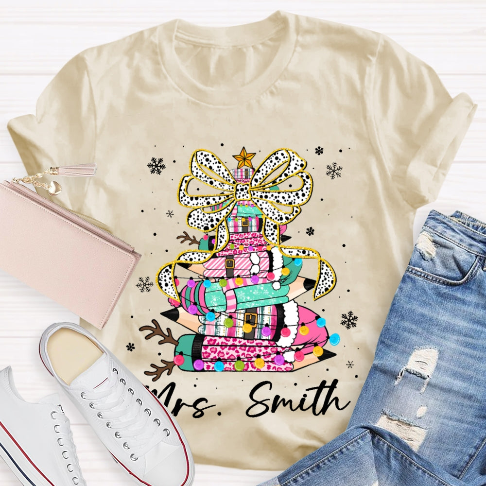 Personalized Name Bow And Colored Pencils Snowflake Christmas T-shirt