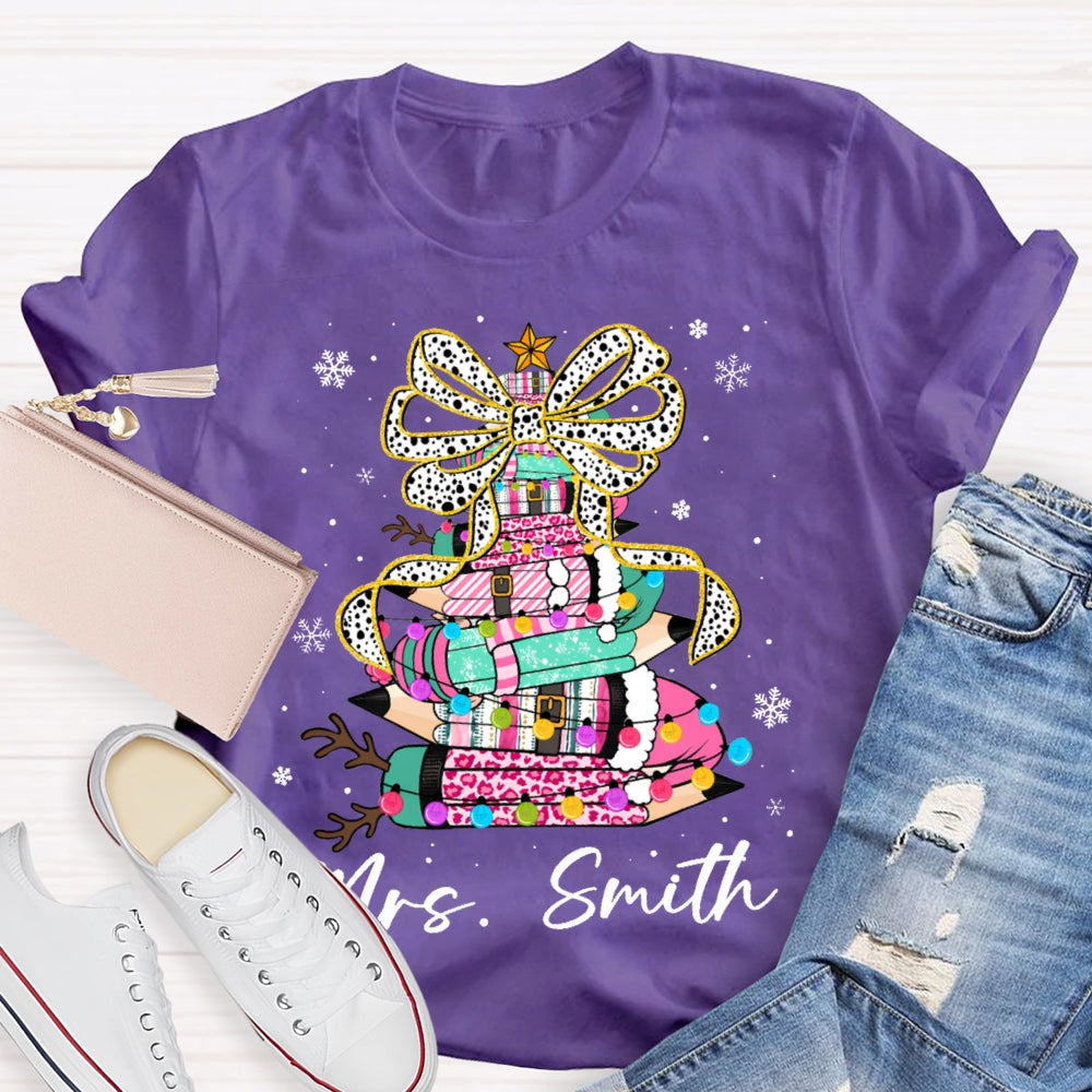 Personalized Name Bow And Colored Pencils Snowflake Christmas T-shirt