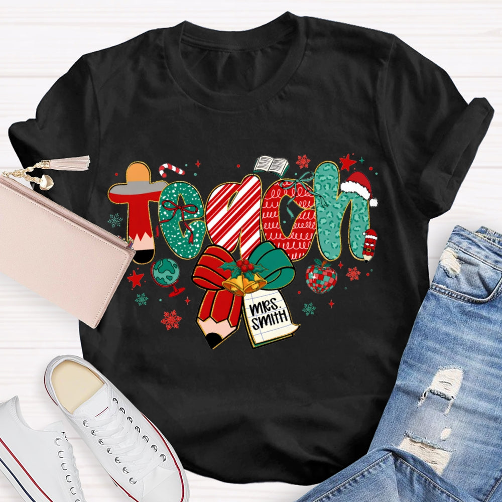 Personalized Name Teach Christmas Font With Bow And Snowflakes T-shirt