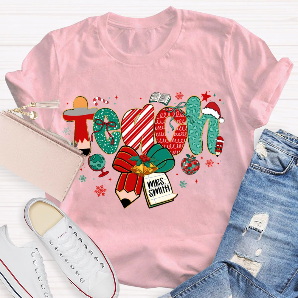 Personalized Name Teach Christmas Font With Bow And Snowflakes T-shirt