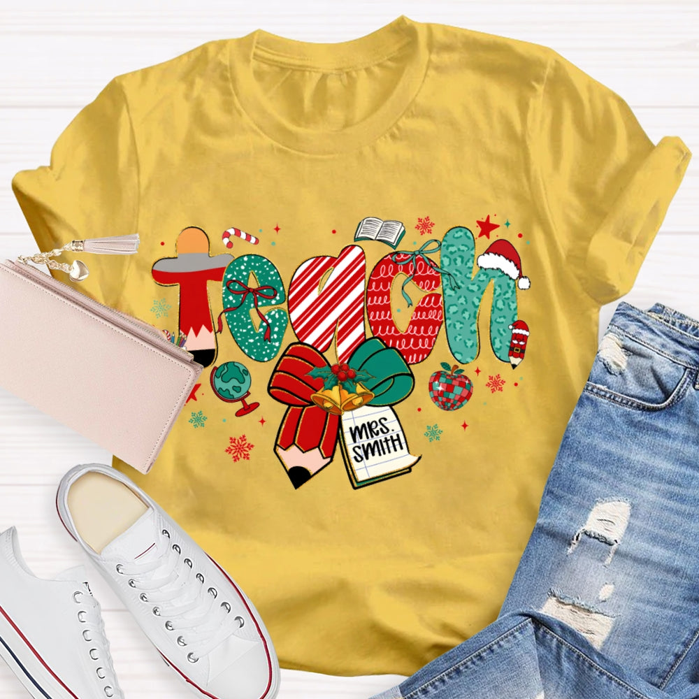 Personalized Name Teach Christmas Font With Bow And Snowflakes T-shirt
