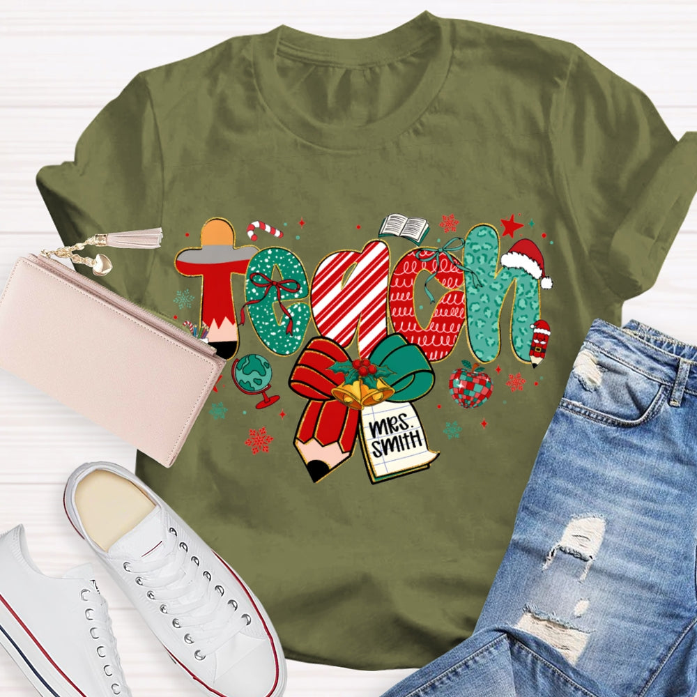 Personalized Name Teach Christmas Font With Bow And Snowflakes T-shirt