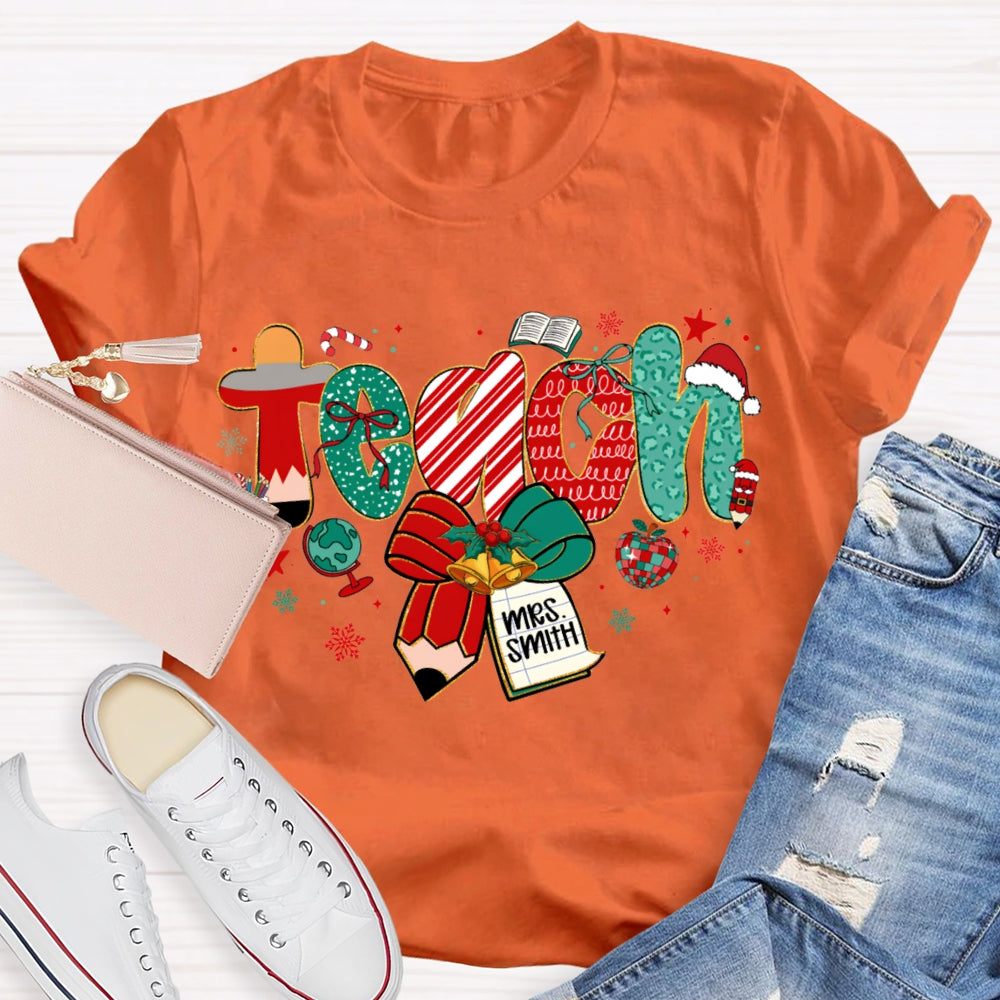 Personalized Name Teach Christmas Font With Bow And Snowflakes T-shirt