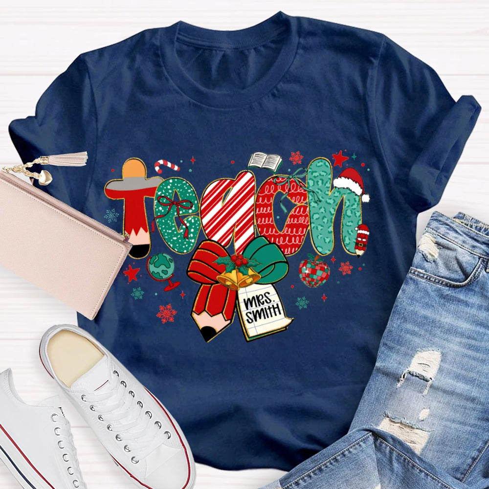 Personalized Name Teach Christmas Font With Bow And Snowflakes T-shirt