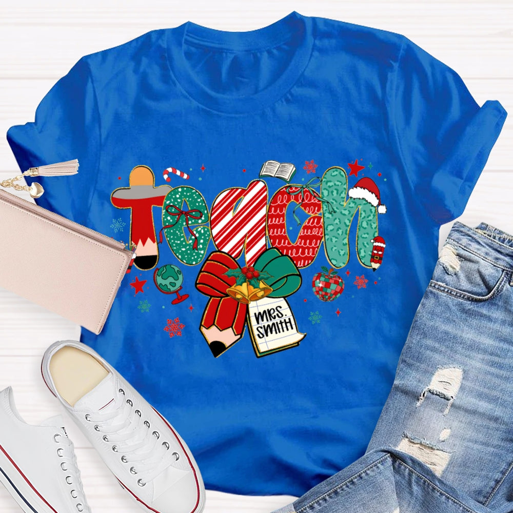Personalized Name Teach Christmas Font With Bow And Snowflakes T-shirt