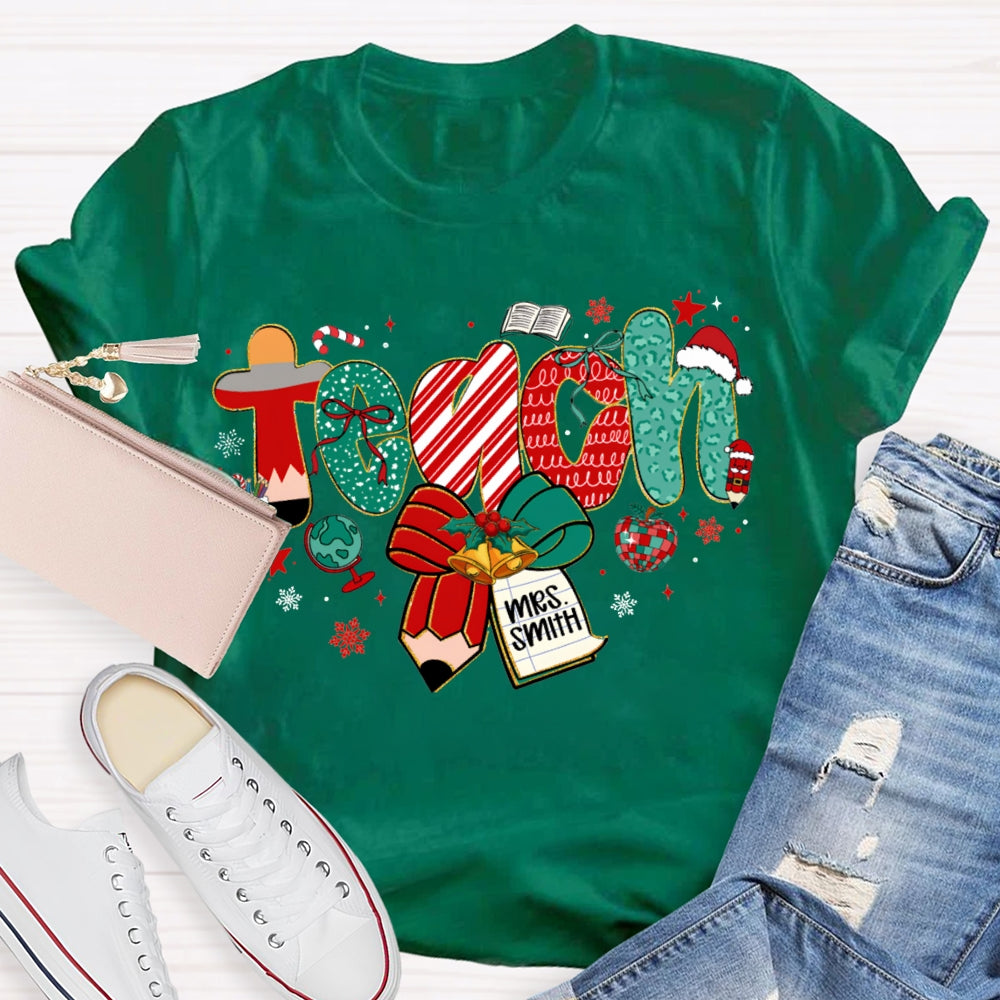 Personalized Name Teach Christmas Font With Bow And Snowflakes T-shirt