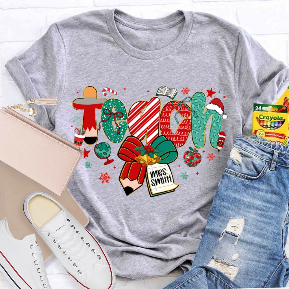 Personalized Name Teach Christmas Font With Bow And Snowflakes T-shirt