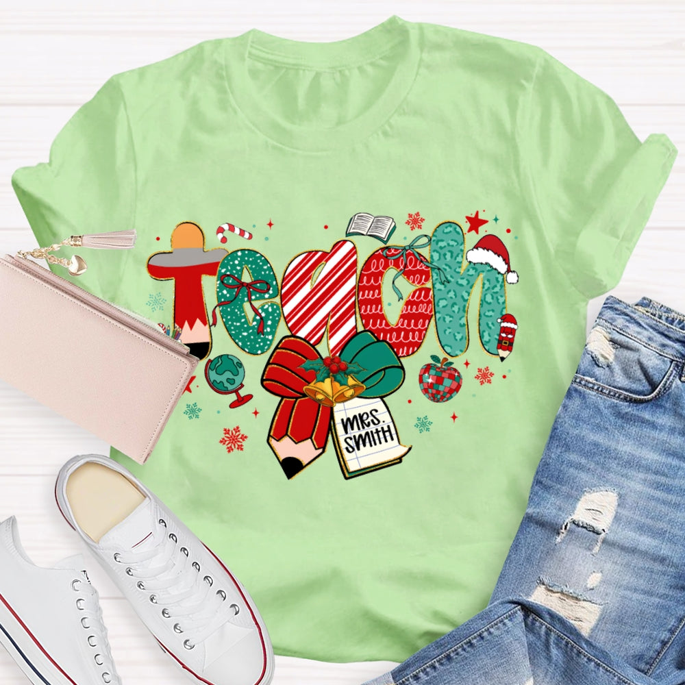 Personalized Name Teach Christmas Font With Bow And Snowflakes T-shirt