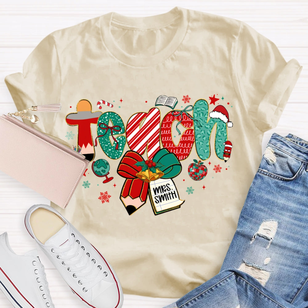 Personalized Name Teach Christmas Font With Bow And Snowflakes T-shirt