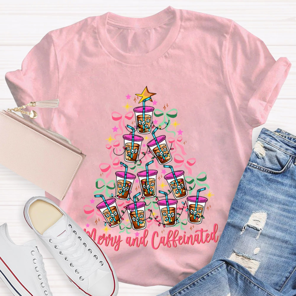 Merry And Caffeinated Colorful Bows And Coffee Christmas T-shirt